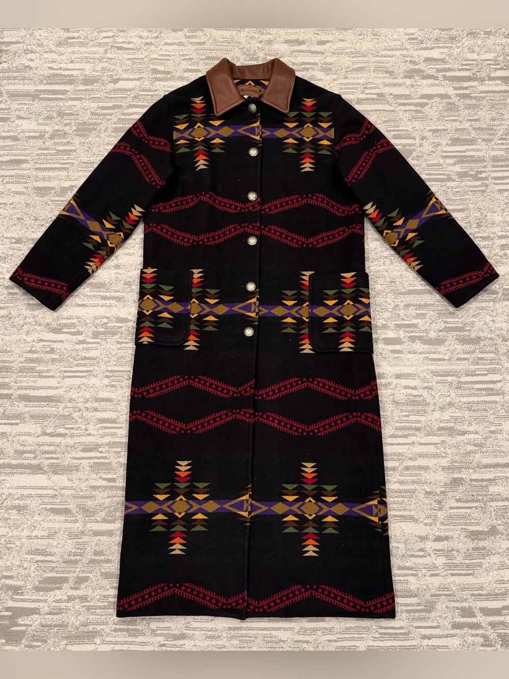 Vintage Pendleton Wool Coat Women’s Leather Collar Tribal Aztec Made In USA Rare
